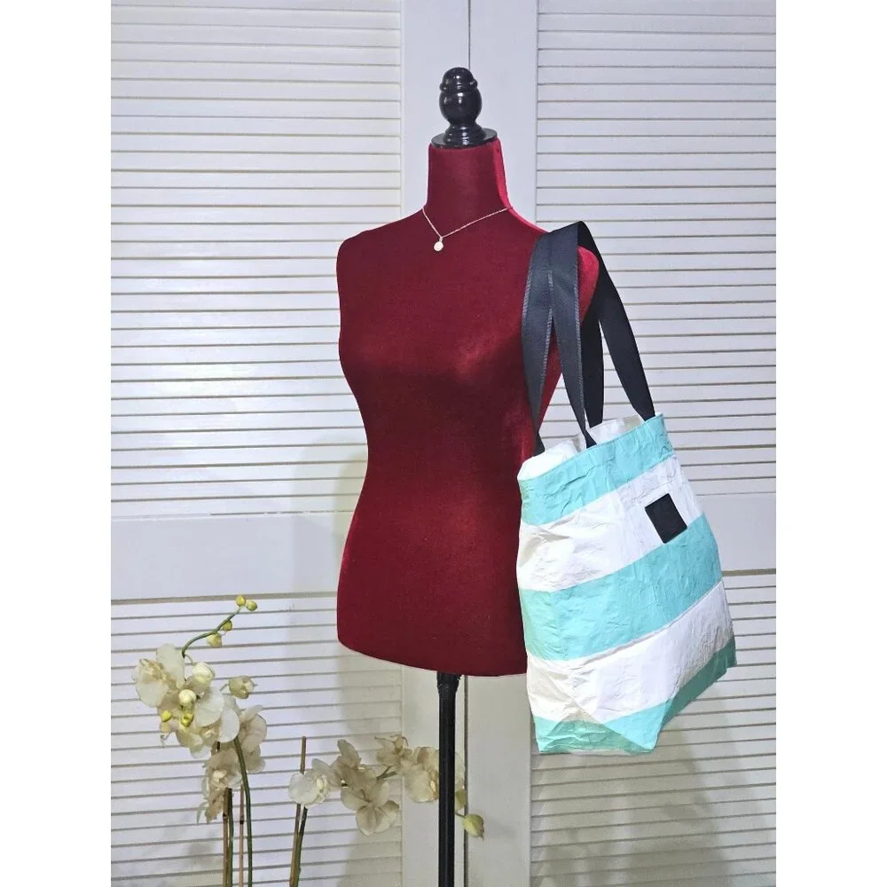 Aloha Collection Women's Aqua White Striped Splash-Proof Tote Bag Sz L 2559 - Picture 3 of 13